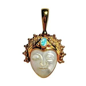 Sajen 18K Gold Pendant Mother Of Pearl Goddess Face Opal Gemstone Signed Vtg